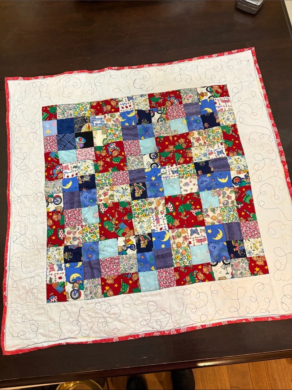 Handmade Multicolor Patchwork Baby Quilt - Red Border